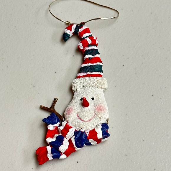 Vintage Blue and red stripes silly hat and scarf snowman face ornament - Picture 14 of 14